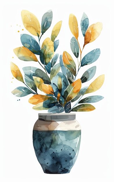 Acuarela colorida de Zamioculcas zamiifolia en un jarrón para la inspiración de la decoración del hogar AI generativa