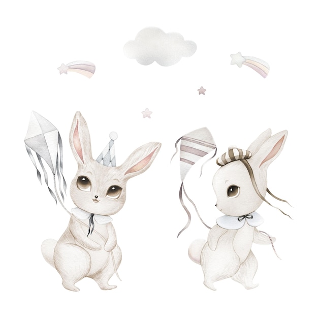acuarela conejo conejo set gris globos cutie bonito retrato de animal en colores pastel pegatinas