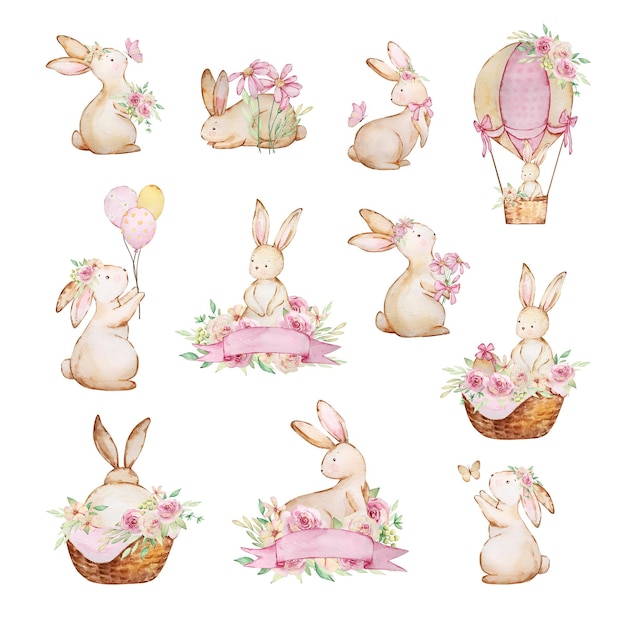 Acuarela conejos de Pascua y ramo de flores de primavera
