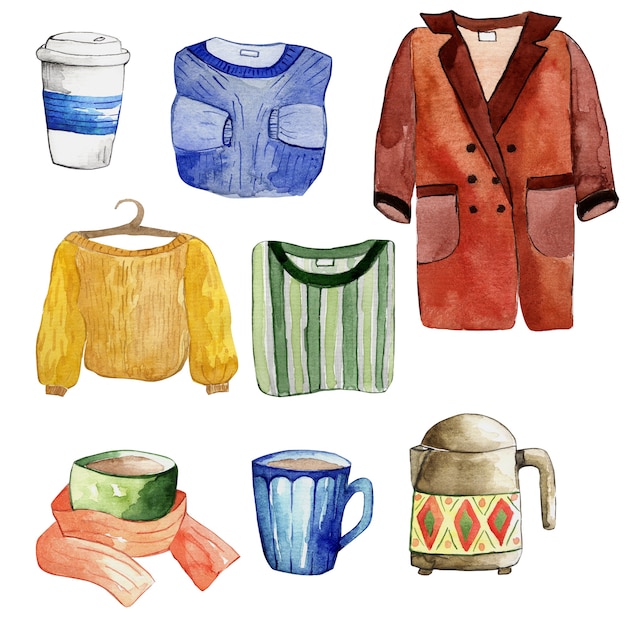 Acuarela conjunto de artículos de otoño