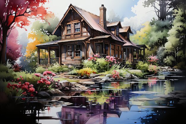 Acuarela un contorno de una casa con un tranquilo estanque de peces en el patio delantero