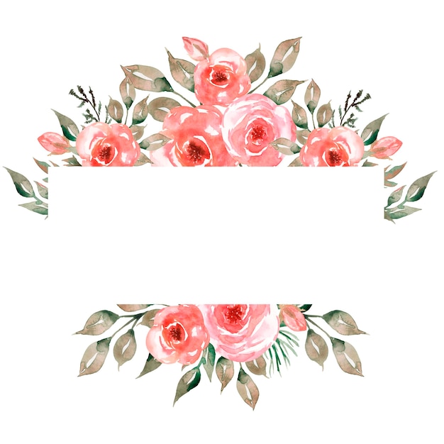 Acuarela coral peonía flor marco clipart rosas rojas ilustración verde hojas grises estilo boho guirnalda floral invitación de boda