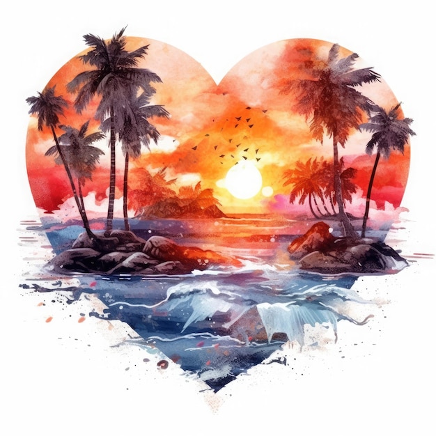 Acuarela corazón playa puesta de sol clipart en fondo blanco