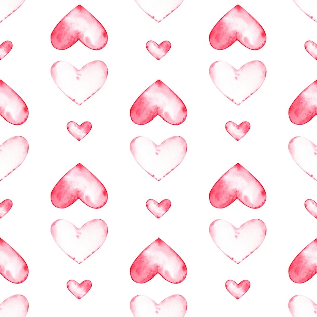 Acuarela corazones de patrones sin fisuras. Ilustración romántica dibujada a mano. Fondo de San Valentín. Corazones rojos y rosados.