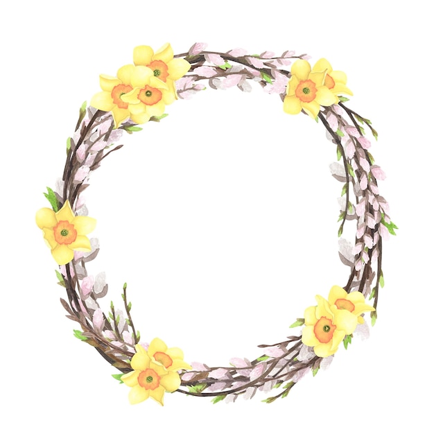 Acuarela de corona de ramitas de sauce de primavera con narciso aislado en blanco Dibujo a mano ilustración de Pascua para el diseño