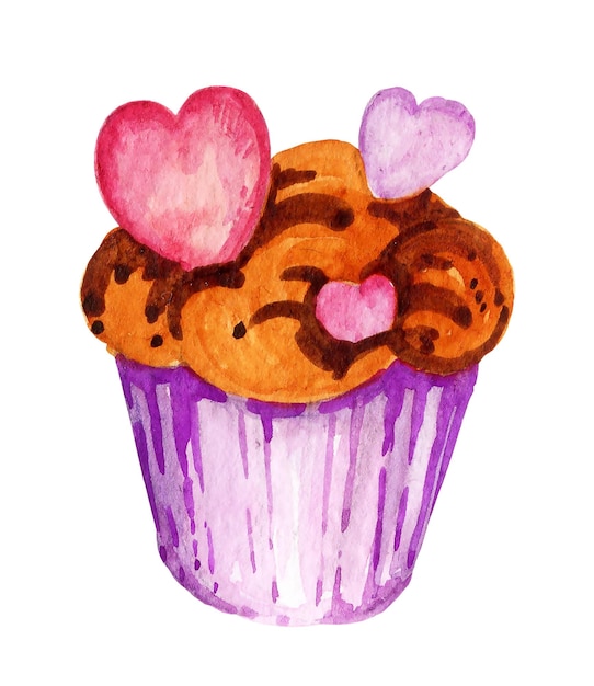 Acuarela cupcake mano dibujar ilustración boceto de muffin rosa y lila sobre fondo blanco