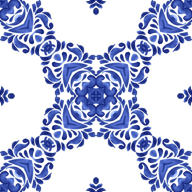 Acuarela damasco azul dibujado a mano diseño floral Ornamento de mosaico de patrones sin fisuras