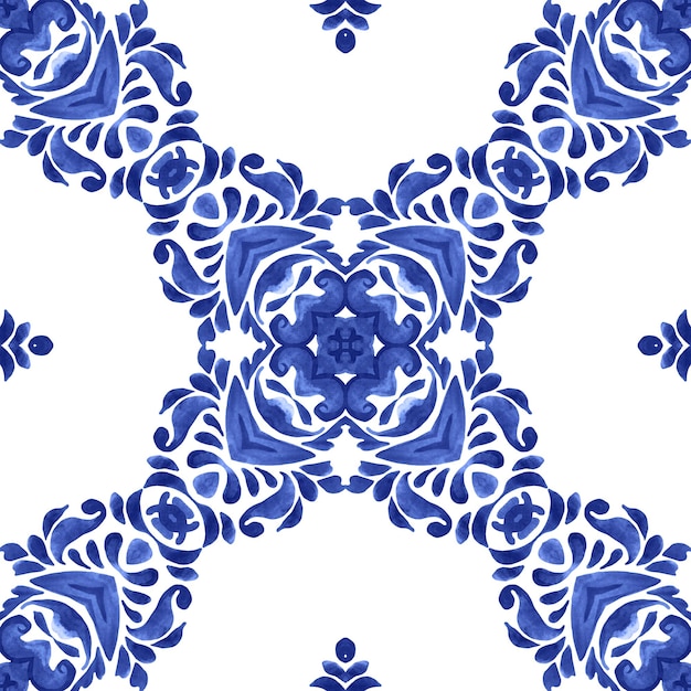 Acuarela damasco azul dibujado a mano diseño floral Ornamento de mosaico de patrones sin fisuras