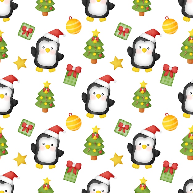 Acuarela día de Navidad con patrones sin fisuras de lindos pingüinos.