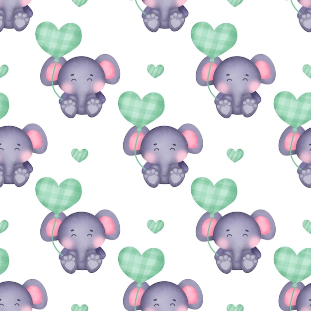 Acuarela día de san valentín con patrón de elefante.