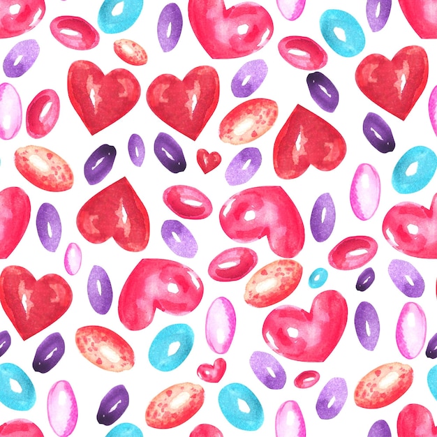 Foto acuarela día de san valentín de patrones sin fisuras fondo colorido pintado a mano con corazones y caramelos rosas y rojos