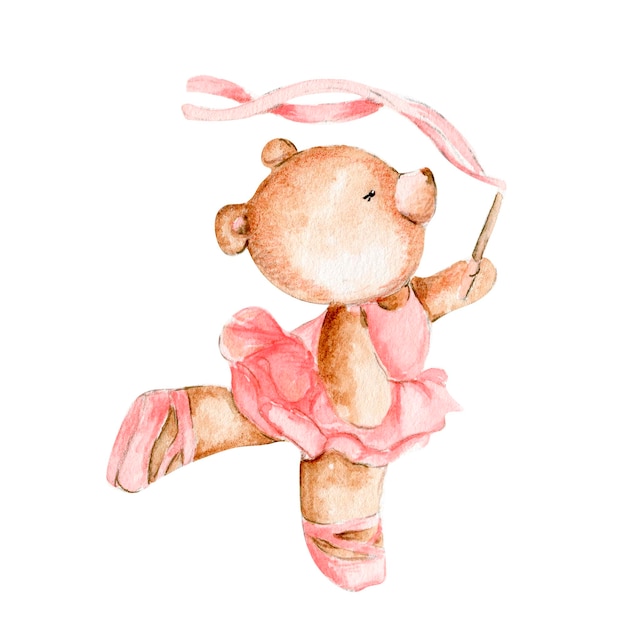 Acuarela dibujada a mano de bailarina de oso pardo en vestido rosa