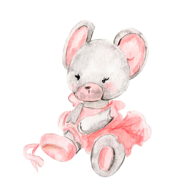 Acuarela dibujada a mano de bailarina de ratón gris con vestido rosa