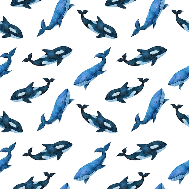 Acuarela dibujada a mano ballenas azules y negras de patrones sin fisuras. Impresión de animales del océano sobre fondo blanco. Adorno submarino para textil, tela, papel tapiz, papel de regalo, diseño y decoración.