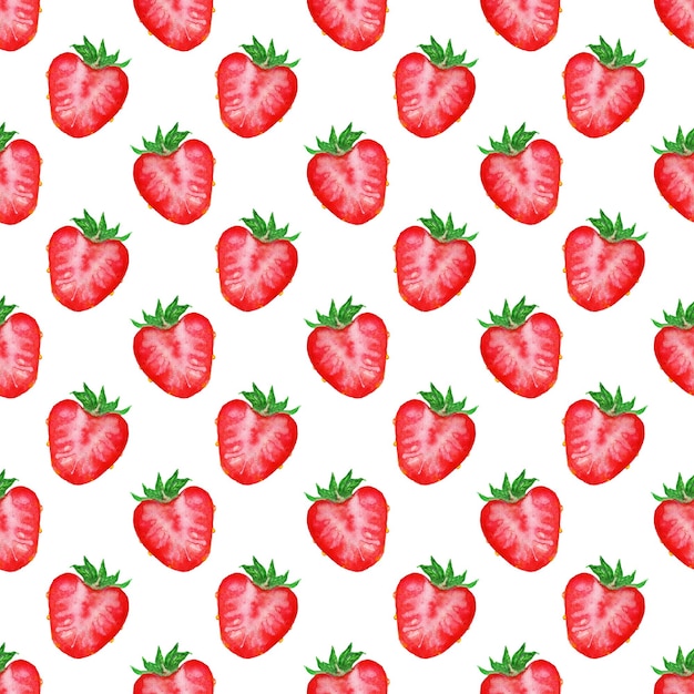 Acuarela dibujada a mano boceto rojo fresa baya rebanada textura de patrones sin fisuras sobre fondo blanco