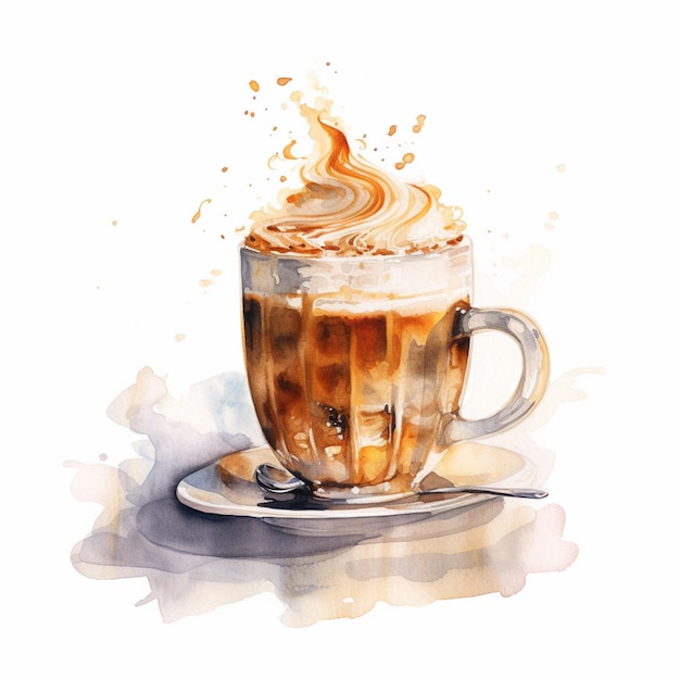 Acuarela dibujada a mano café caliente y helado latte expreso crema capuchino sobre fondo blanco