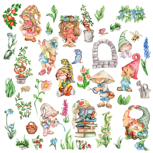 Acuarela dibujada a mano gnomos nórdicos lindos gnomos escandinavos y flores y hojas