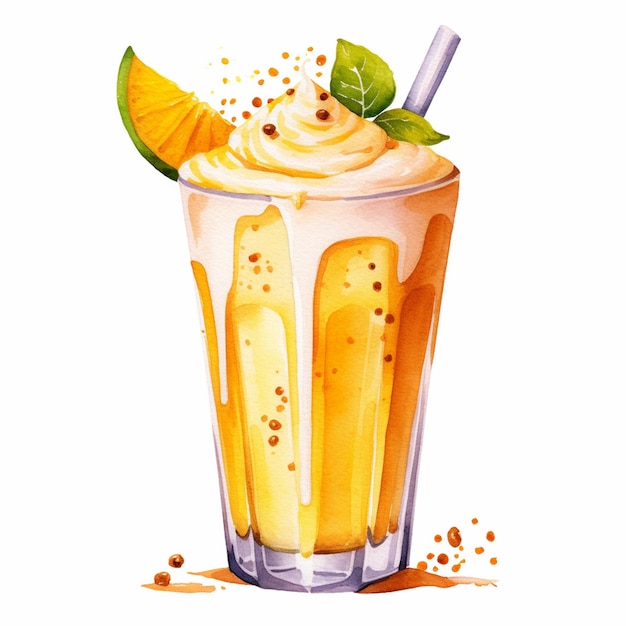 Acuarela dibujada a mano hielo mango flotador amarillo bebidas frías vaso de delicioso cóctel de frutas en blanco