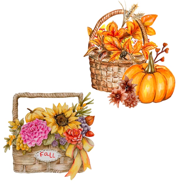 Acuarela dibujada a mano hojas de otoño y composición de calabazas