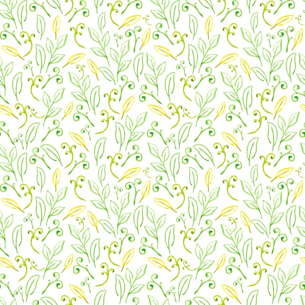 Foto acuarela dibujada a mano hojas verdes y rizos de patrones sin fisuras aislados sobre fondo blanco se puede utilizar para envolver regalos de tela textil y diseño de papel tapiz