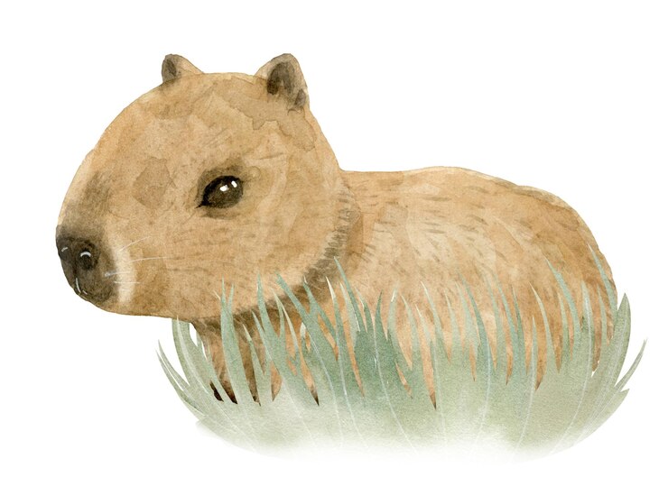 Foto acuarela dibujada a mano el lindo bebé capibara en la hierba