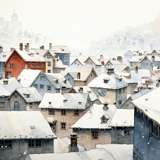 Acuarela dibujada a mano un paisaje urbano con casas y techos en invierno