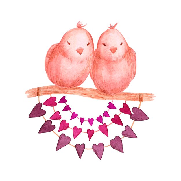 Acuarela dibujada a mano pájaros de San Valentín en una ramita Elemento decorativo de San Valentín Scrapbook diseño lable banner tarjeta postal