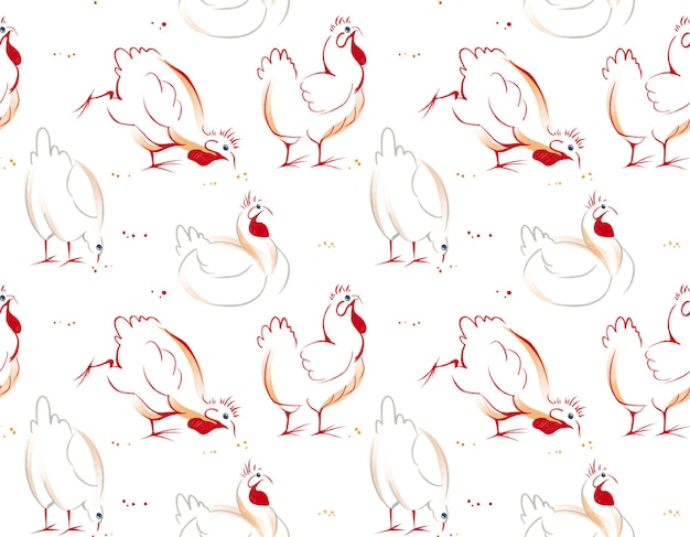 Acuarela dibujada a mano de patrones sin fisuras con la ilustración de pollo gallina y gallo