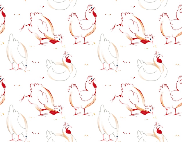 Acuarela dibujada a mano de patrones sin fisuras con la ilustración de pollo gallina y gallo