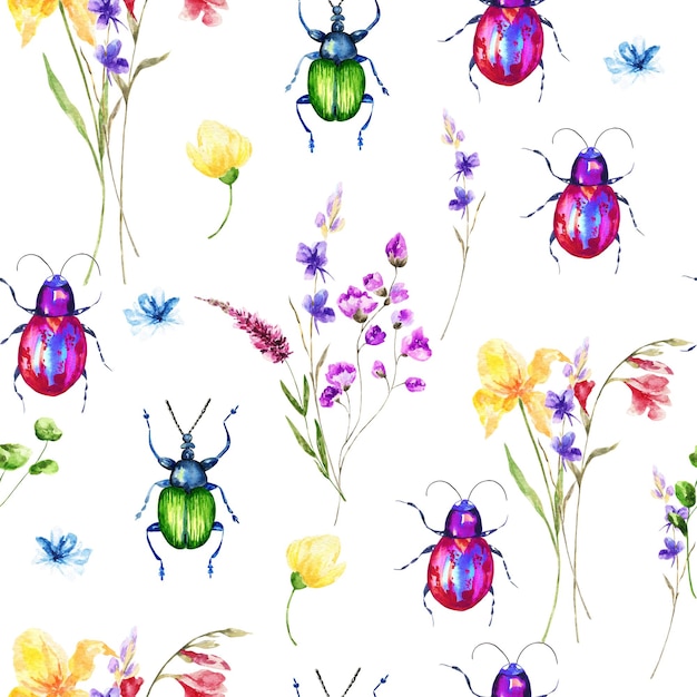 Acuarela dibujada a mano de patrones sin fisuras de insectos y flores realistas de colores brillantes Arte de medios mixtos