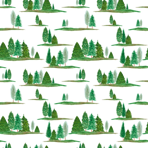 Acuarela dibujada a mano siempre verde bosque patrón sin costuras aislado sobre fondo blanco Se puede utilizar para el libro de recortes de telas textiles y otros productos impresos