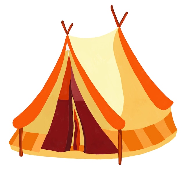 Acuarela y dibujo carpa vintage para acampar y aventura en el bosque sobre fondo blanco.