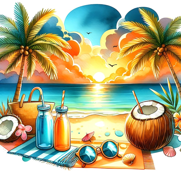 acuarela un dibujo de una escena de playa con palmeras y una escena de costa