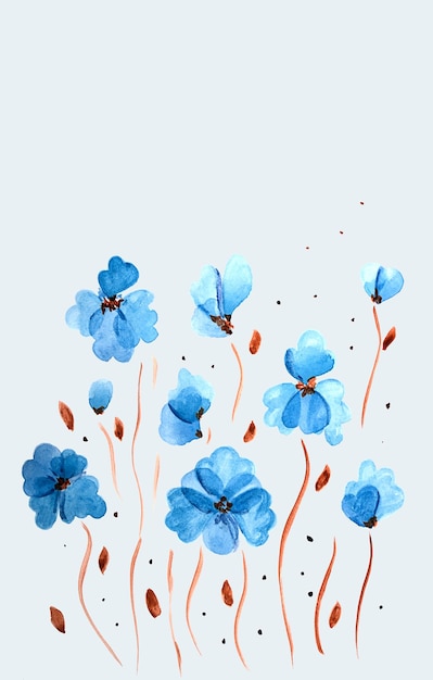 Acuarela dibujo flores azules sobre un fondo blanco vertical sin gente