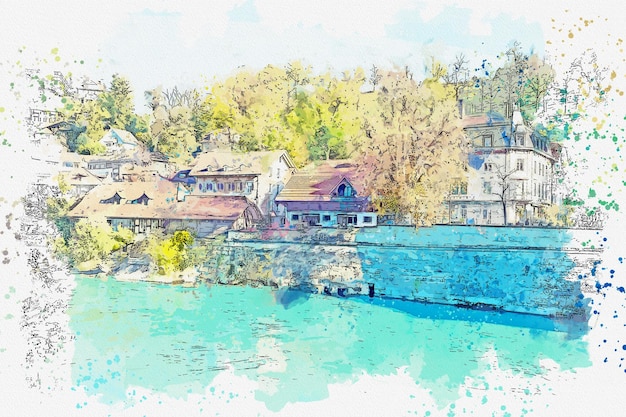 Acuarela dibujo imagen ciudad de Berna hermosa ciudad en Suiza