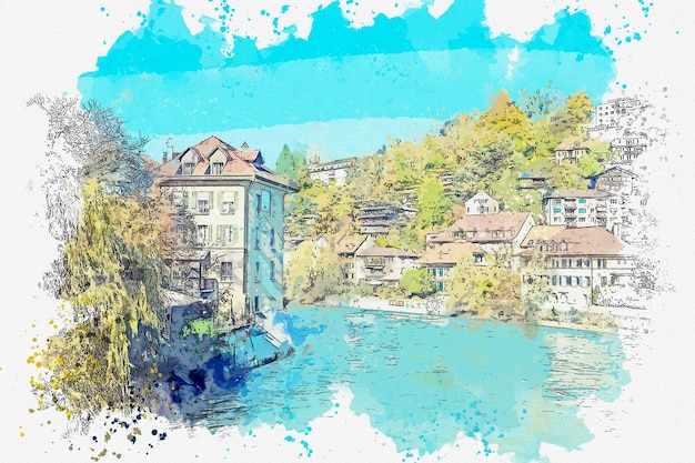 Acuarela dibujo imagen ciudad de Berna hermosa ciudad en Suiza