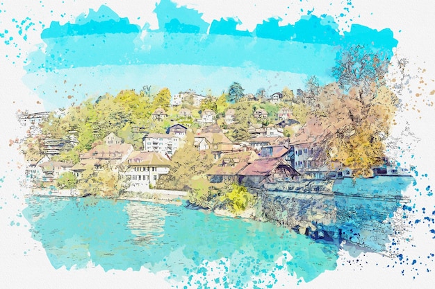 Acuarela dibujo imagen ciudad de Berna hermosa ciudad en Suiza