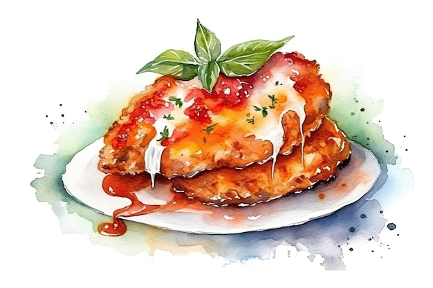 Acuarela Dibujo Pollo Parmesano Sobre Fondo Blanco AI Generativa