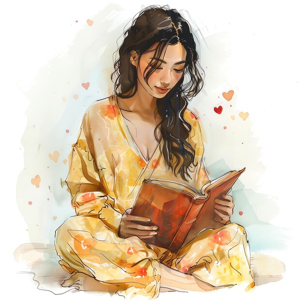 acuarela de dibujos animados cuerpo entero hermosa mujer asiática leyendo un libro