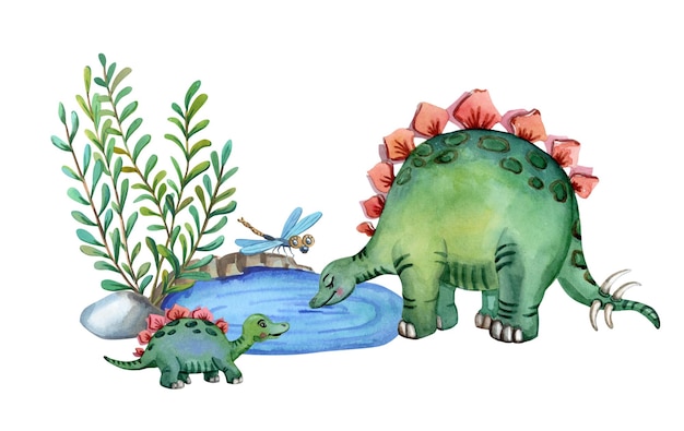 Acuarela dino lago Familia de dinosaurios verdes Lindo estegosaurio madre bebé