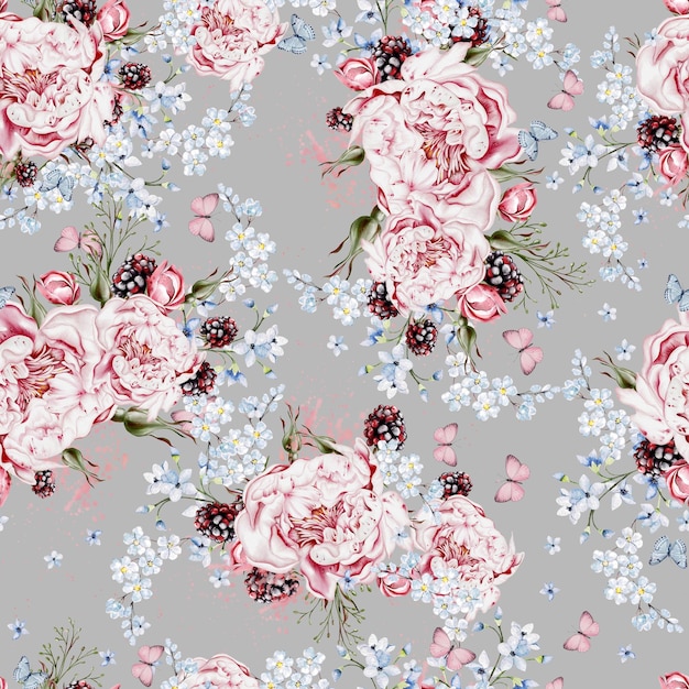 Acuarela de diseño floral sin costuras con flores de peonía y hierbas