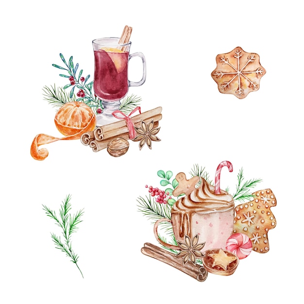 Acuarela dulces de Navidad juego taza de cacao con malvaviscos vaso de galleta de vino caliente