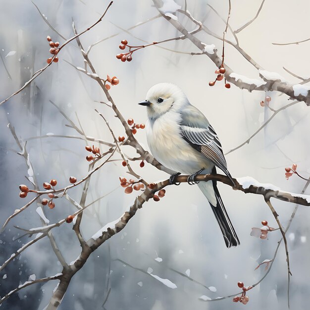 Acuarela_el_pájaro_blanco_perched_en_un_árbol_ramo_en_el_clima_frío_lindo_dibujado a mano