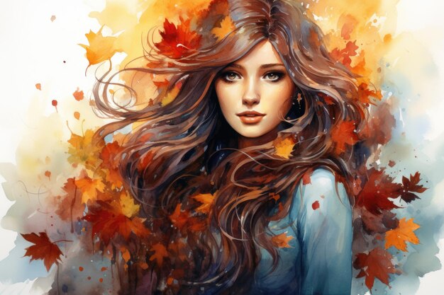 Acuarela elegante chica de otoño con cabello largo y hojas sobre fondo blanco
