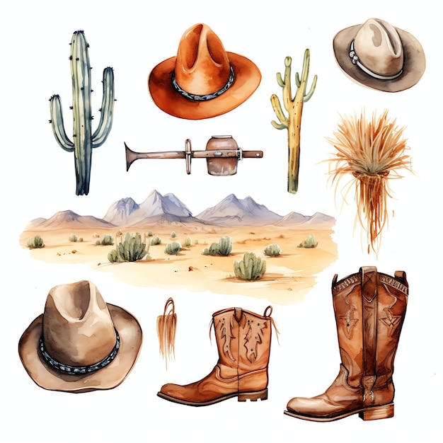 Foto acuarela elementos de vaquero occidental salvaje oeste vaquero desierto ilustración clipart