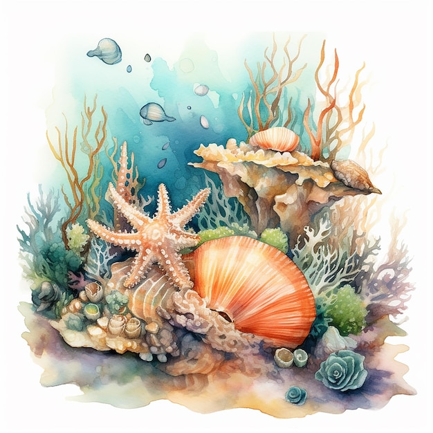 Acuarela estética Ilustración de la vida oceánica