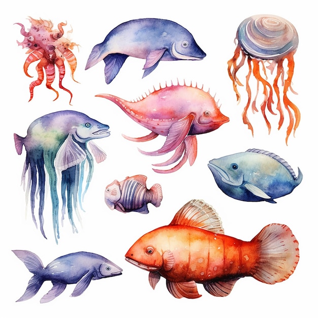 Acuarela estética Ilustración de la vida oceánica