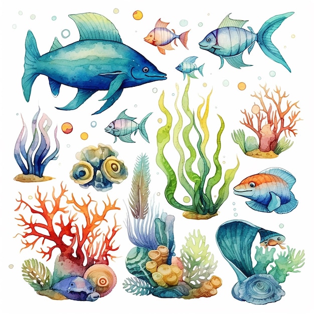 Acuarela estética Ilustración de la vida oceánica