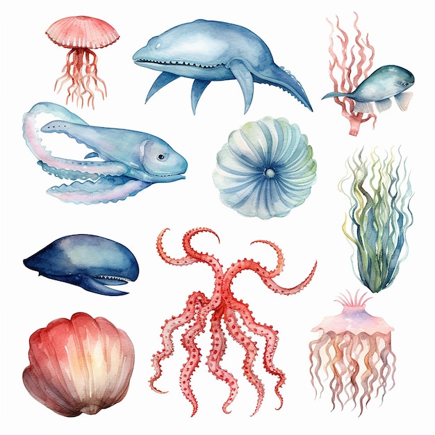 Acuarela estética Ilustración de la vida oceánica