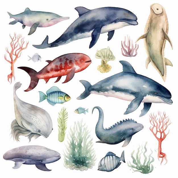 Acuarela estética Ilustración de la vida oceánica